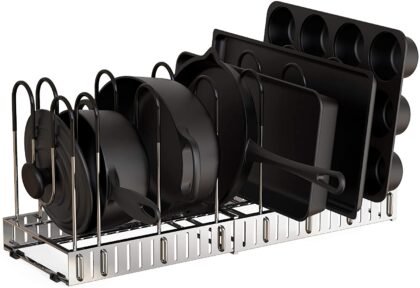 Adjustable Lid Rack for Kitchen Counter and Cabinet, Lid Organizer for 10+ Pots and Pans with 6 DIY Methods (Silver)